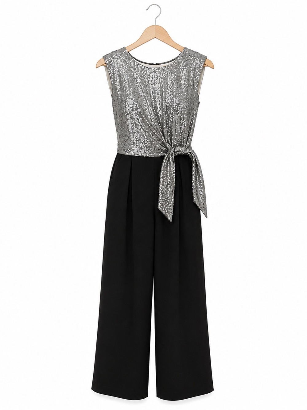 Tahari ASL Silver Sequin Black Wide Leg Jumpsuit Size 10 Wedding Guest